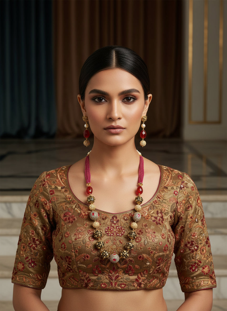 A luxury Tanjore Art Meenakari hot pink beaded Mala Set, featuring a regal bridal necklace and matching earrings with red and gold details. Paty wear set.