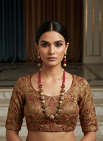 A luxury Tanjore Art Meenakari hot pink beaded Mala Set, featuring a regal bridal necklace and matching earrings with red and gold details. Paty wear set.