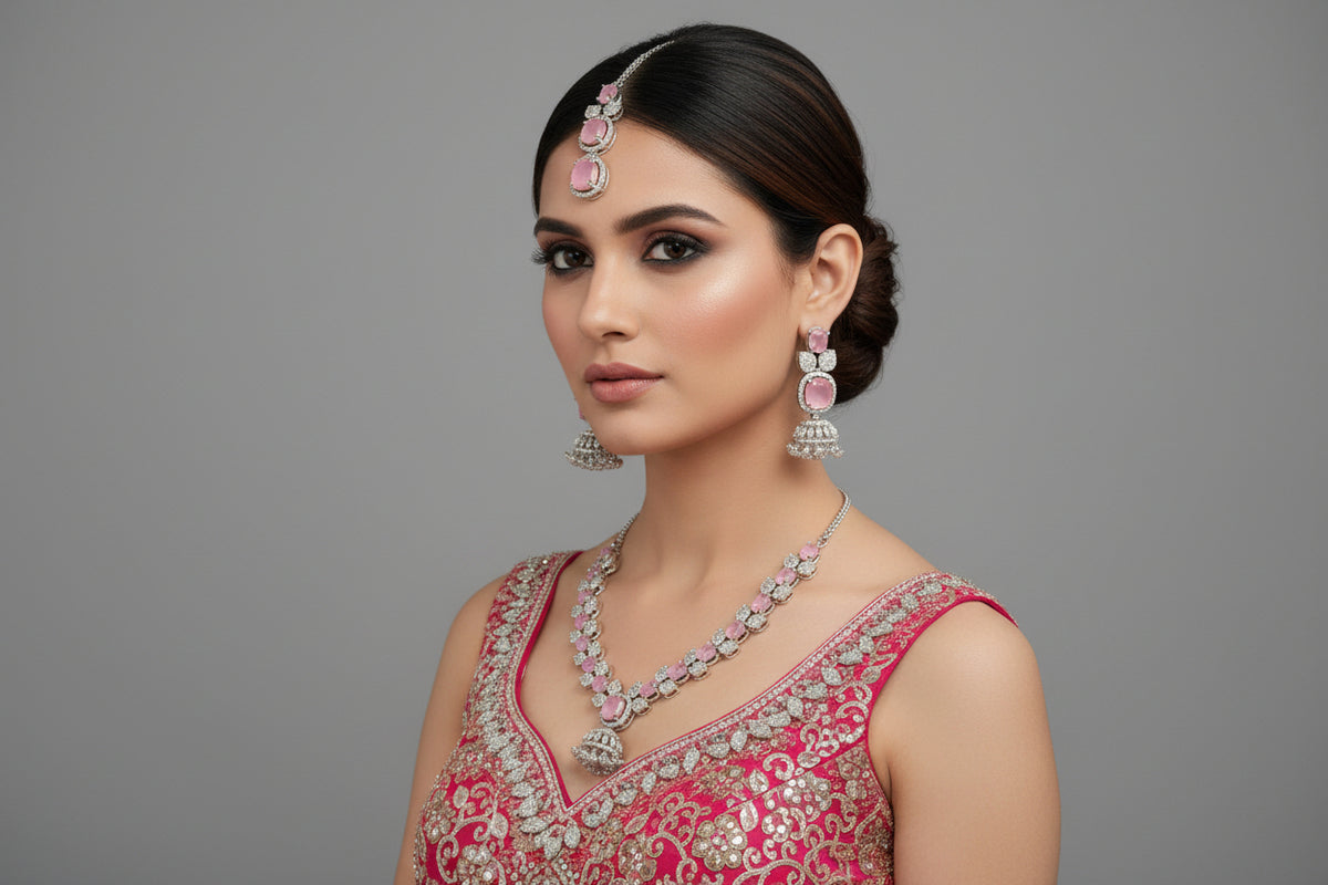 A mannequin showcasing a silver plated necklace set with pink and white stones, accompanied by earrings and a maang tikka. Party wear ad set.