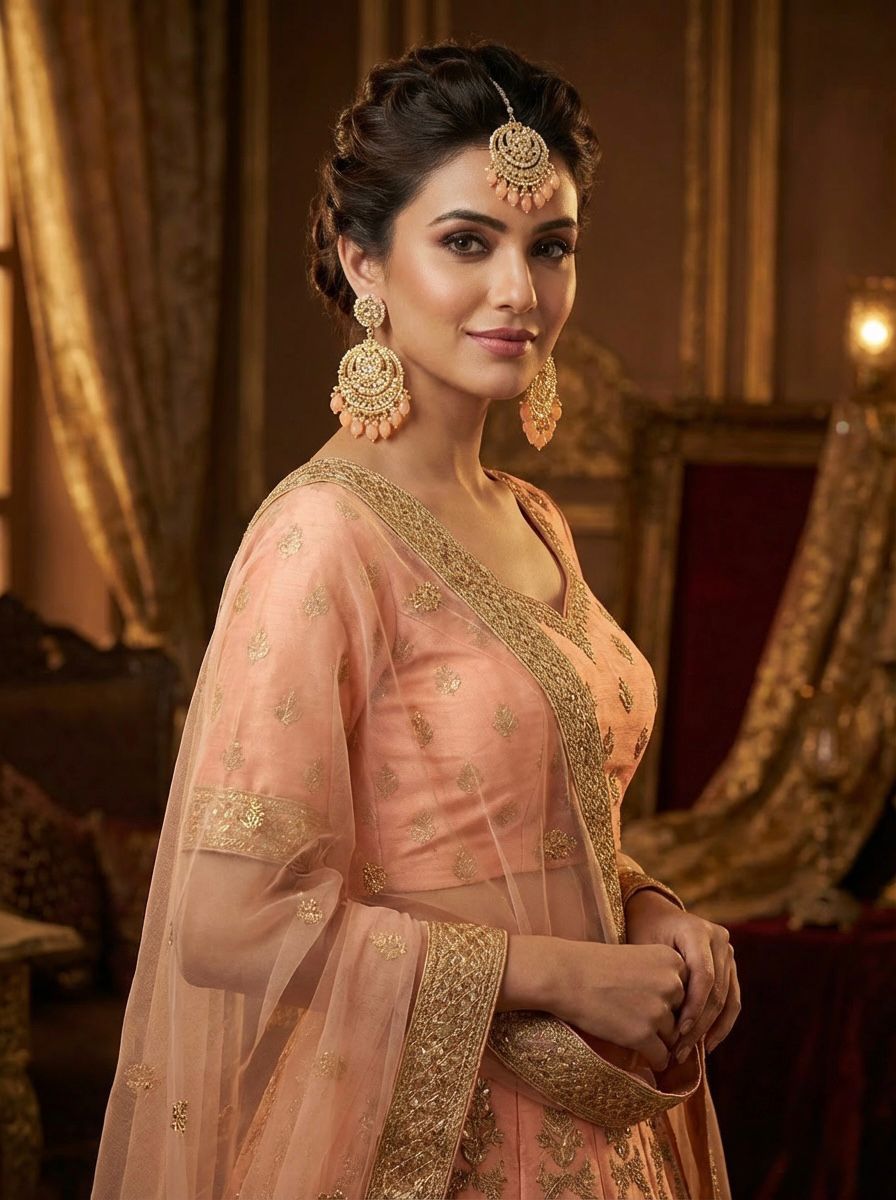 A model wearing large rose gold plated earrings with kundan centers and soft peach bead droplets.