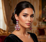A model wearing vibrant fuchsia and crystal chandelier earrings.