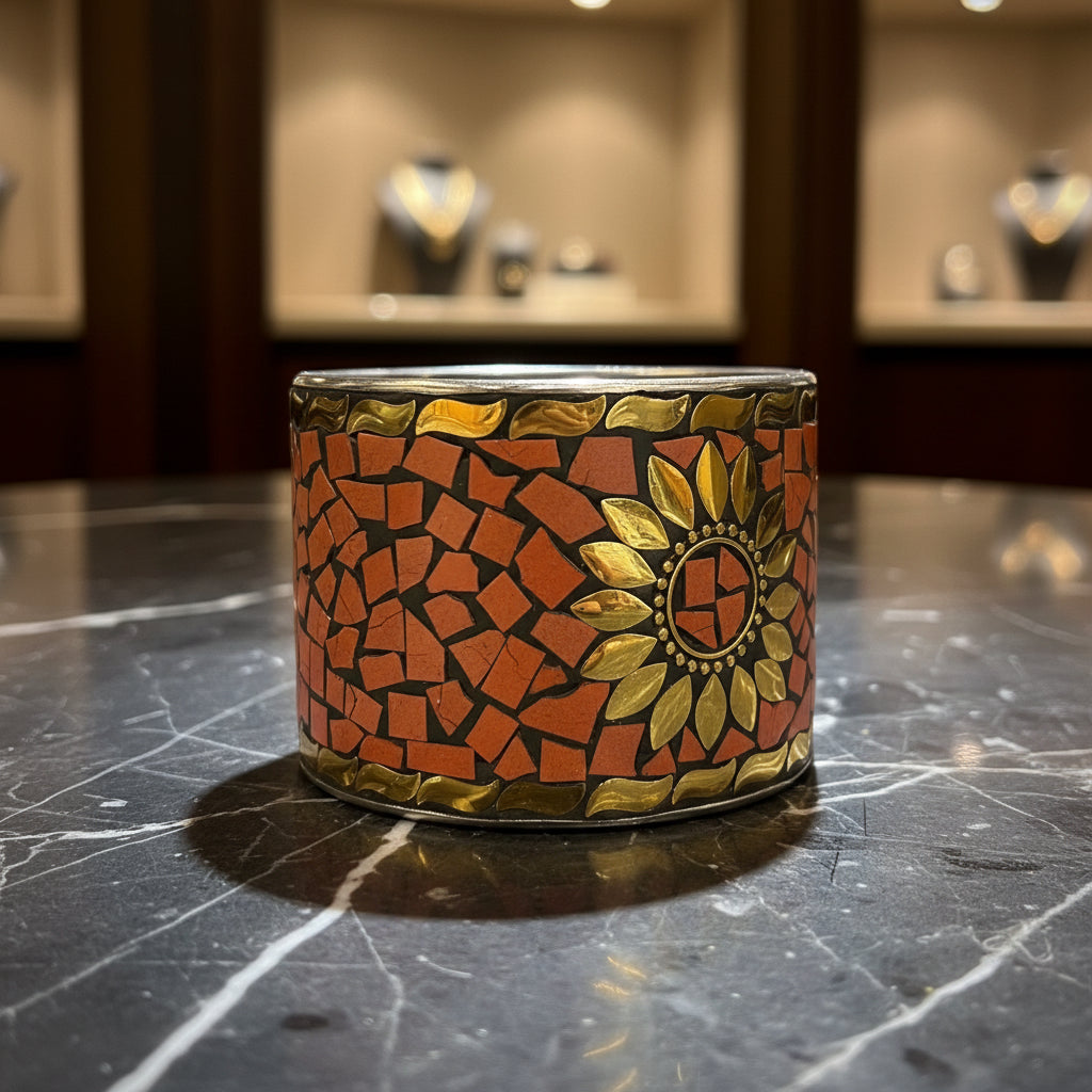 A mosaic cuff bracelet featuring a sunflower design with orange and gold tile patterns, photographed on a dark textured surface.