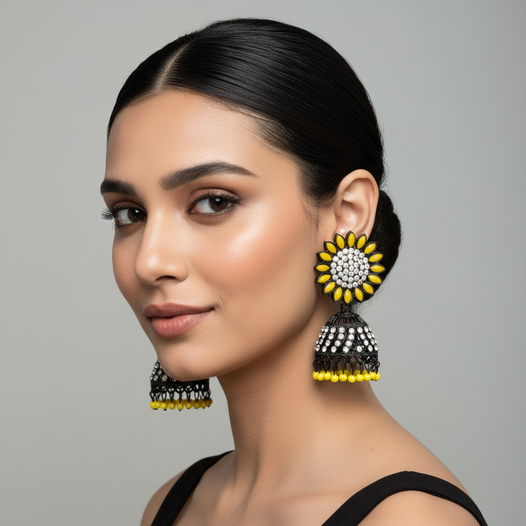 A pair of black base metal Jhumki earrings with sunflower designs, featuring yellow and silver multi shade stones and sky blue nano hangings.