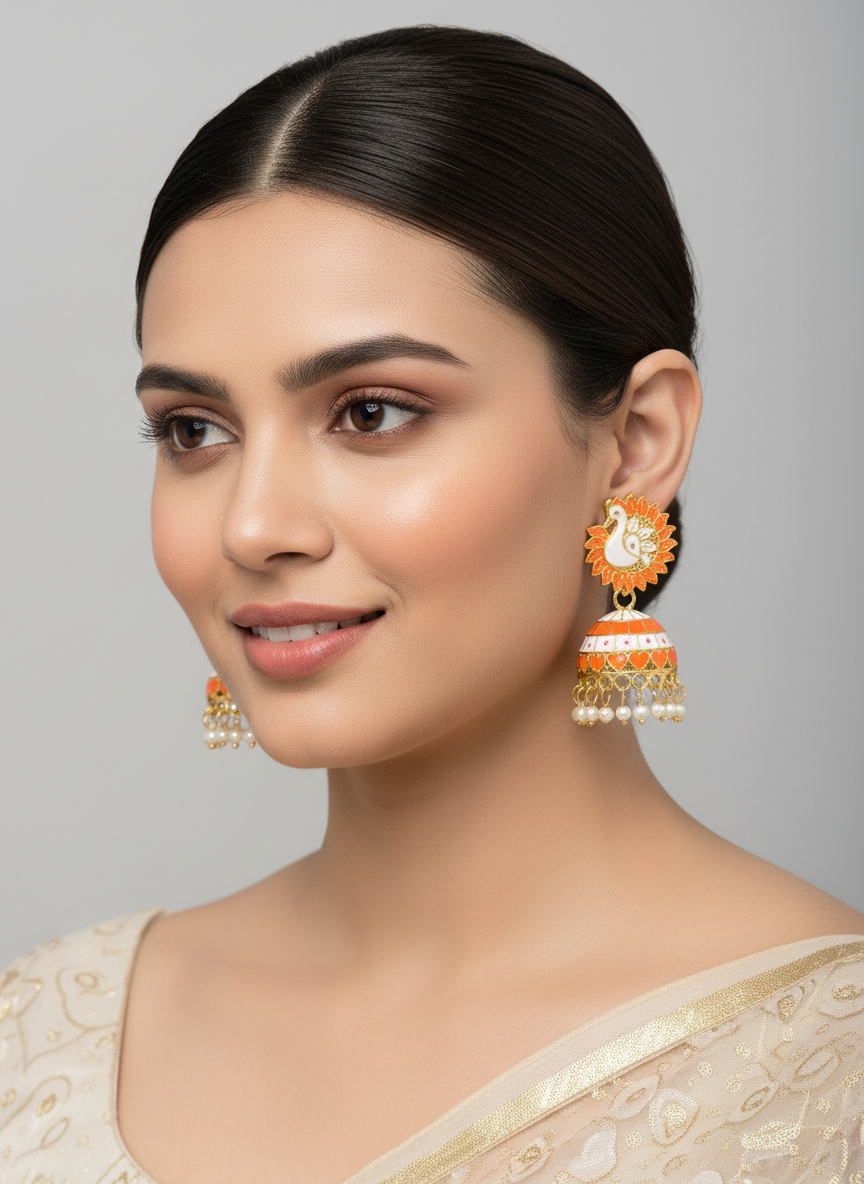 A pair of gold-plated Meenakari peacock Jhumka earrings with Orange and white enamel detailing, displayed on a black stand.