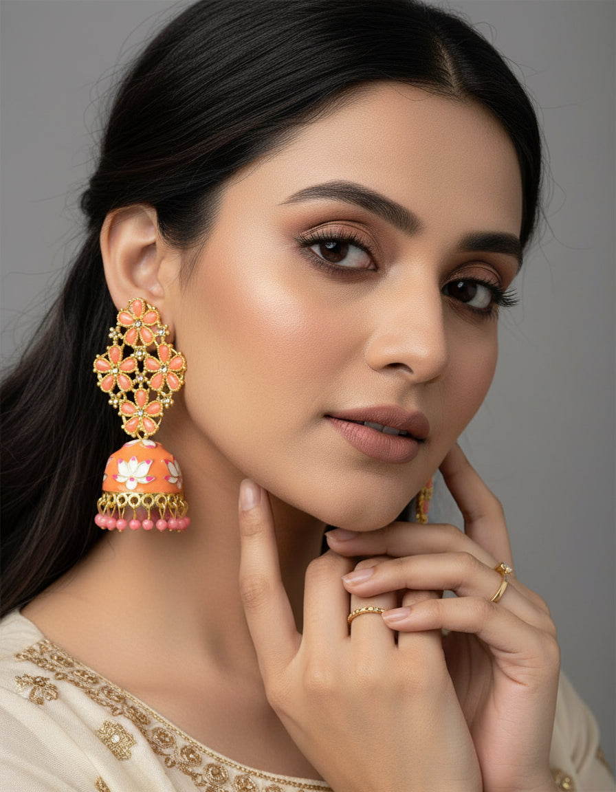 Peach Meenakari enamel jhumka earrings – handcrafted wedding earrings