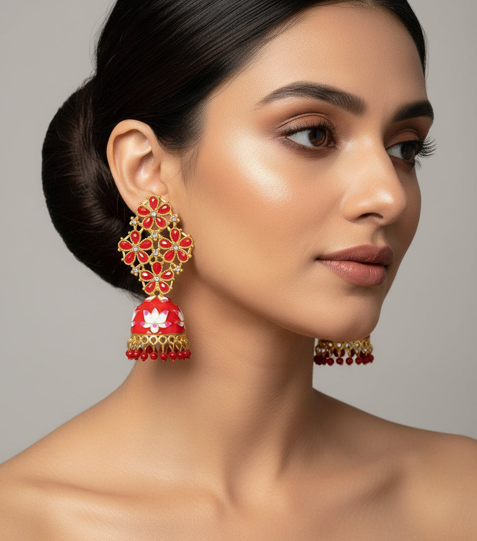 Gold Meenakari jhumka earrings in red – handcrafted bridal earrings by Famaza Couture