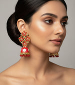 Gold Meenakari jhumka earrings in red – handcrafted bridal earrings by Famaza Couture