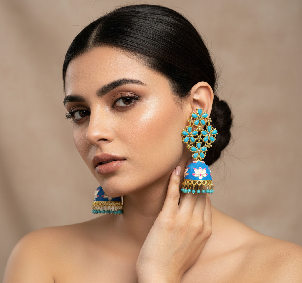 Handcrafted blue Meenakari jhumka earrings with gold finish – festive jewellery