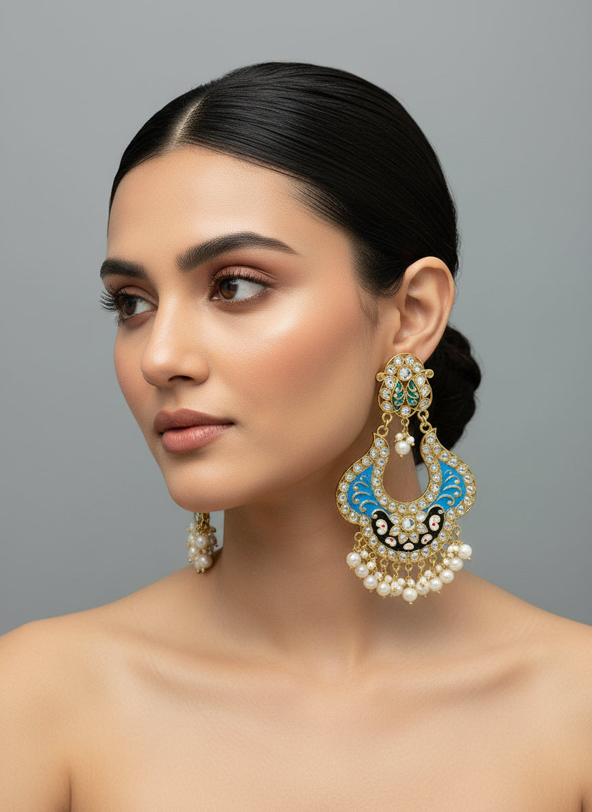 A pair of gold-toned chandbali earrings with blue and black minakari and kundan studded details along with pearls.