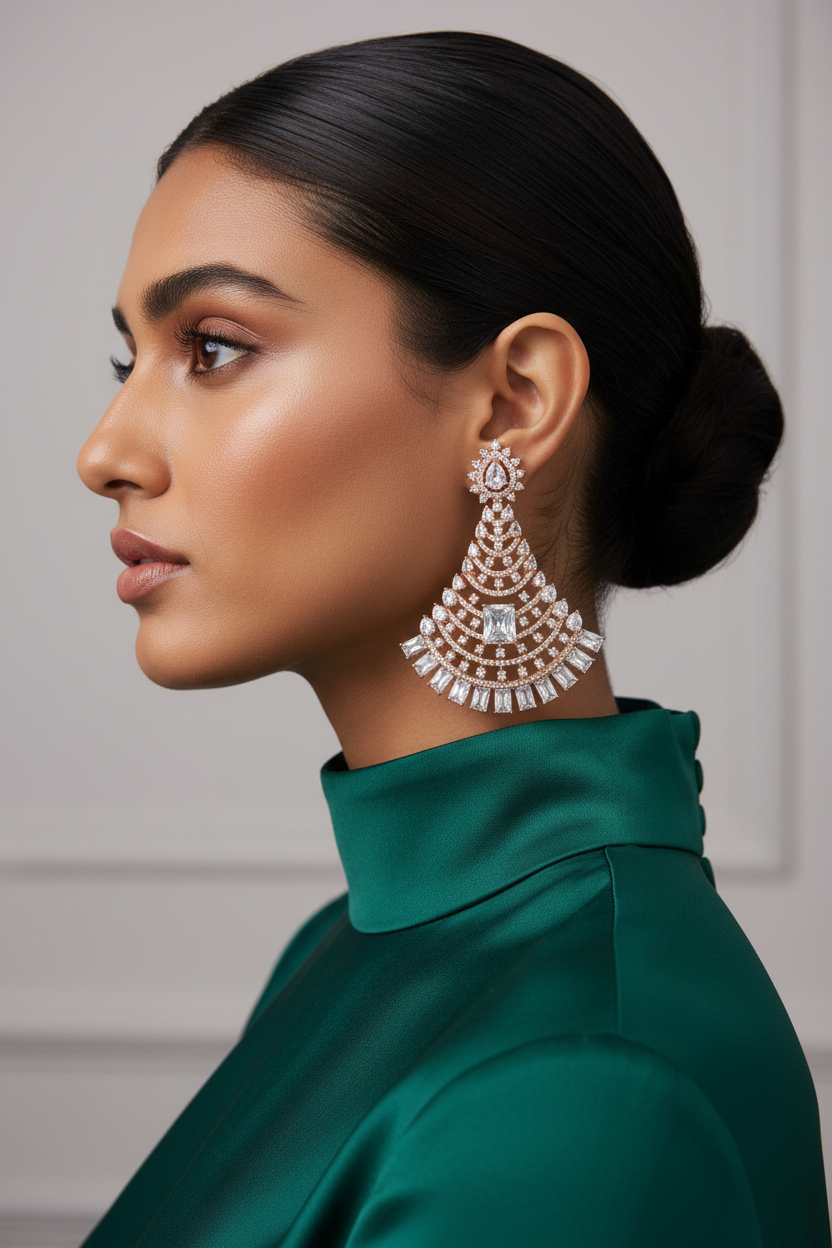 A woman in profile wearing a large, ornate gold-toned statement earring with clear stones and a green satin high-neck top.