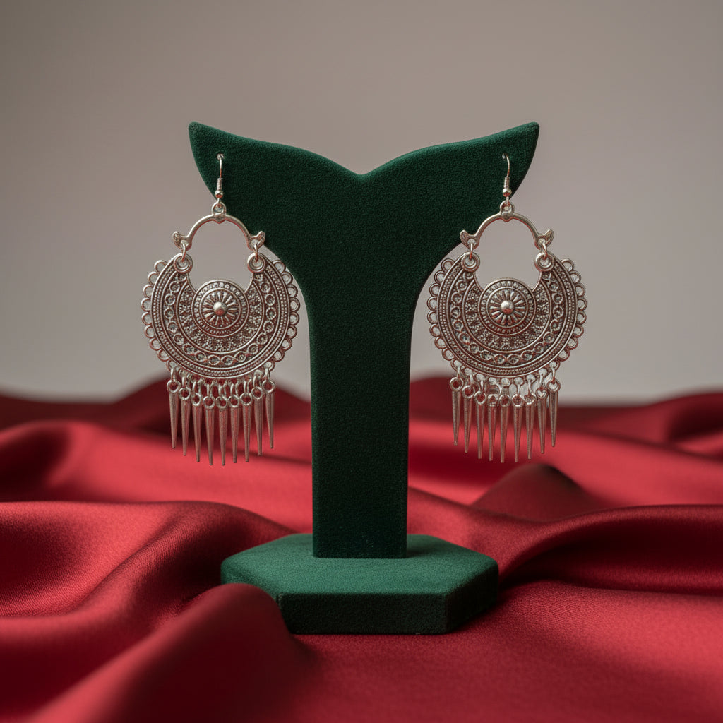A pair of ornate silver-toned dangle earrings displayed on a black velvet jewellery stand against a light marble surface.
