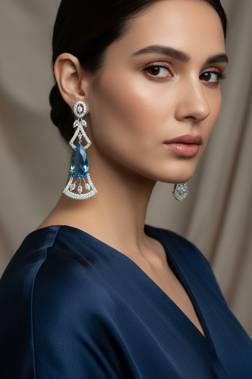 Aurora American Diamond Geometric Chandelier Earrings (Silver Finish)