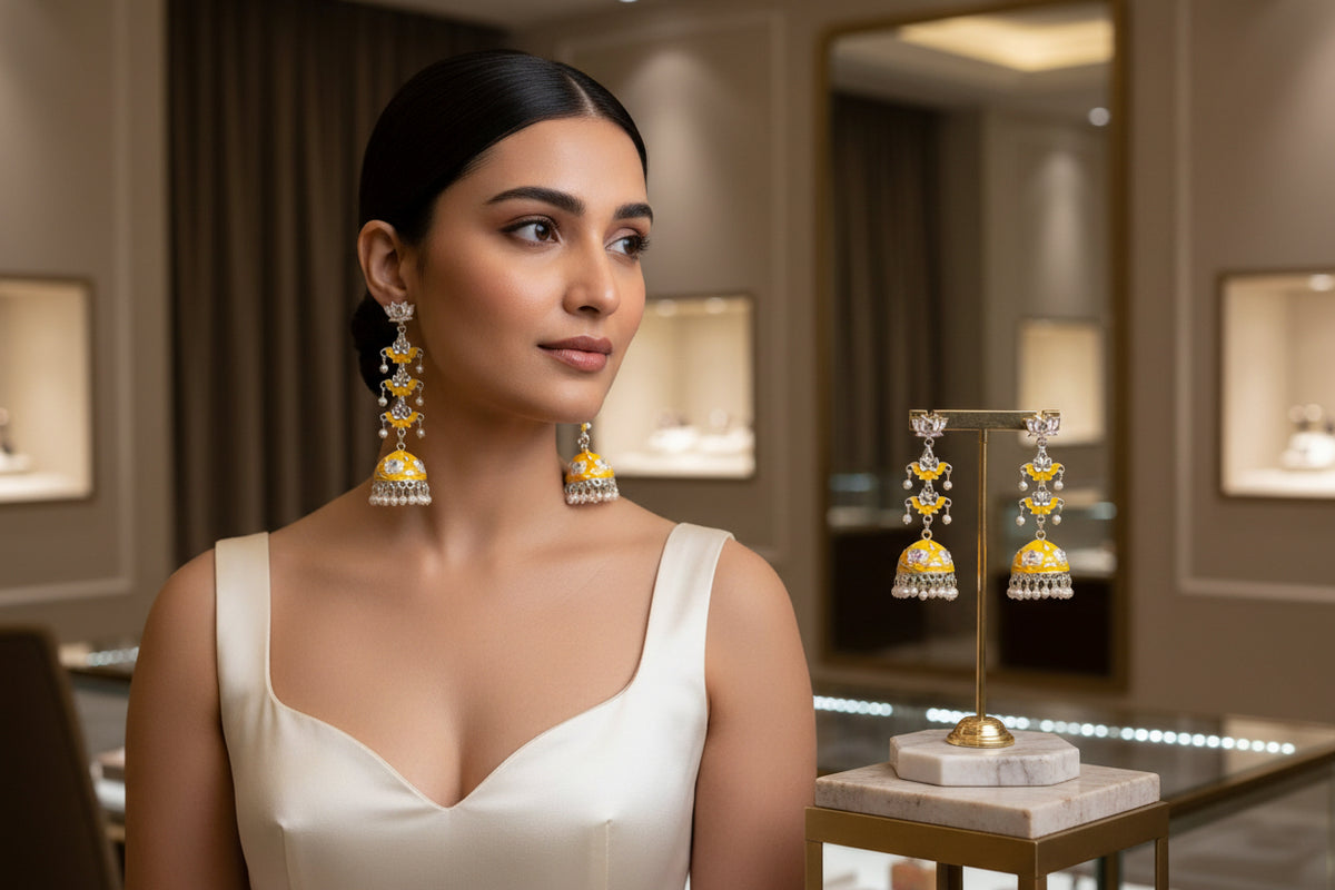 A pair of yellow colour silver-plated tulip-shaped long jhumka earrings with multicolor details, displayed on a black stand.