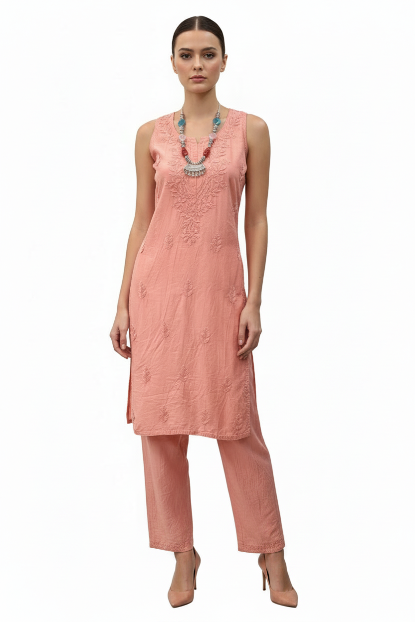 A woman modeling a sleeveless peach-pink embroidered kurta with matching wide-leg trousers, styled with a turquoise beaded necklace and nude heels against a plain white background.