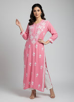 A pink colour 46 inches long modal fabric Chikankari kurti with white Ghass Patti embroidery