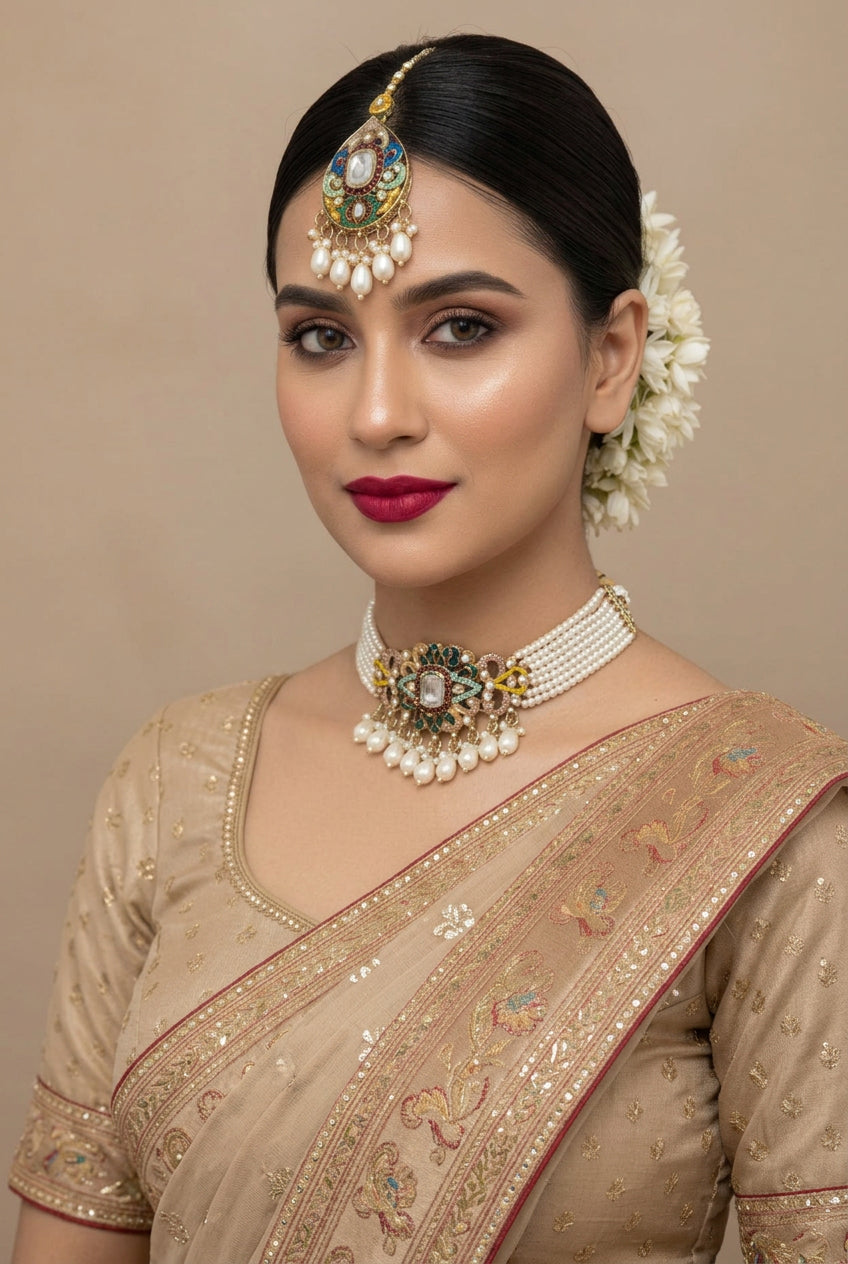 A portrait of a girl wearing an ornate multi-color stone choker set. The warm brass metal contrasts beautifully with the white Kundan and delicate pearls, creating a sophisticated ethnic look.