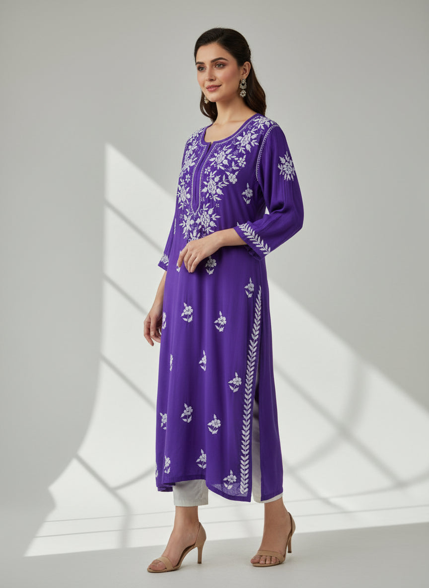 A purple colour 46 inches long modal fabric Chikankari kurti with white Ghass Patti embroidery