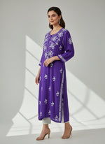A purple colour 46 inches long modal fabric Chikankari kurti with white Ghass Patti embroidery