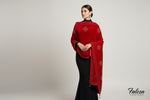 A red colour velvet fabric shawl with gold colour nano beads embellishments and intricate floral patterns.