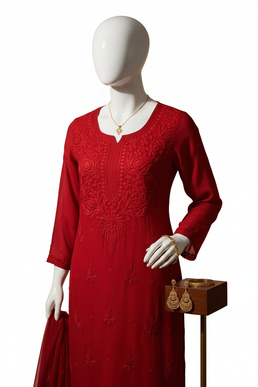 A red long-sleeve kurtiwith tonal floral embroidery, hanging on a white hanger against a black background.