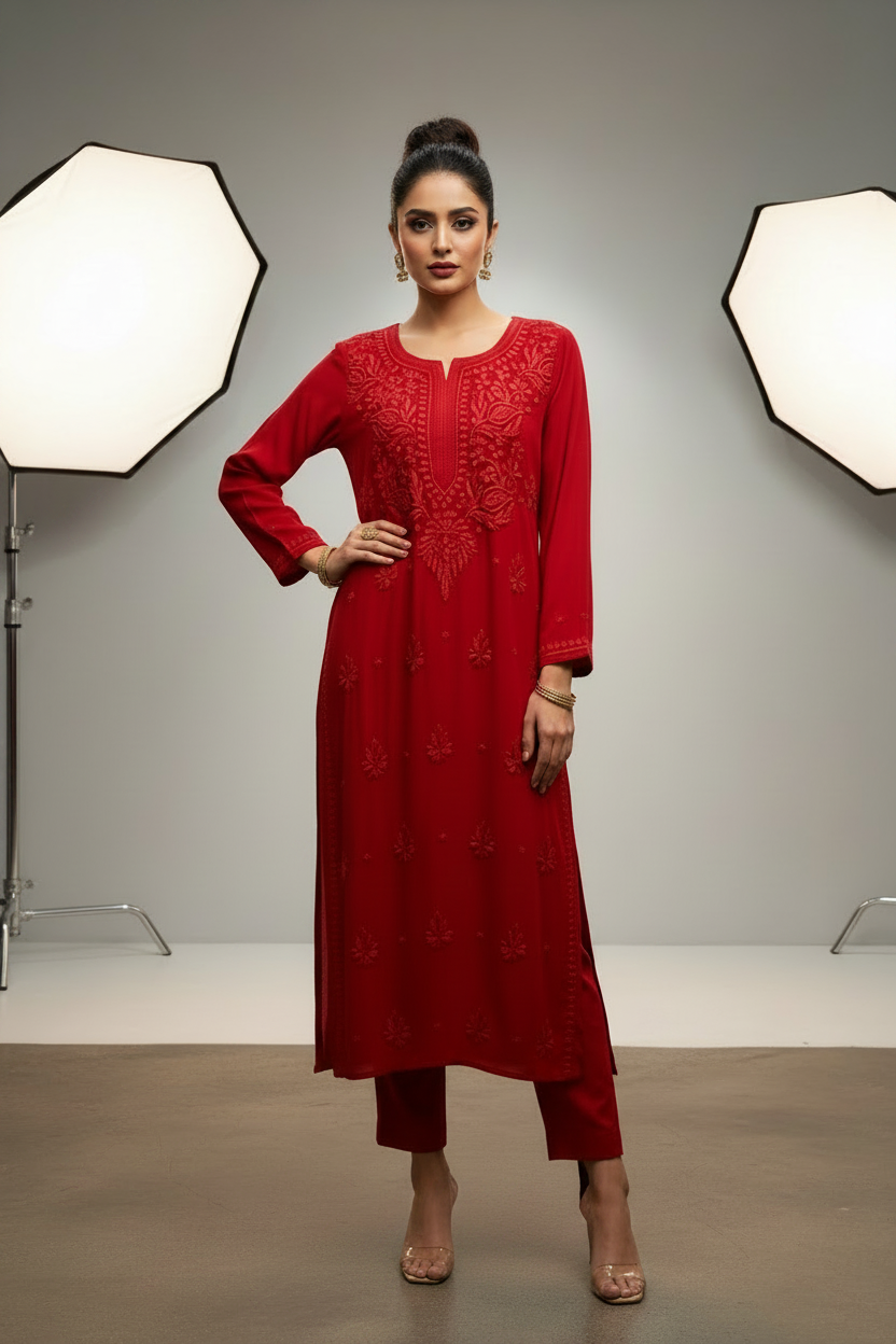 A woman modeling a red long kurta with matching pants in a studio setting with two softbox lights visible in the background.