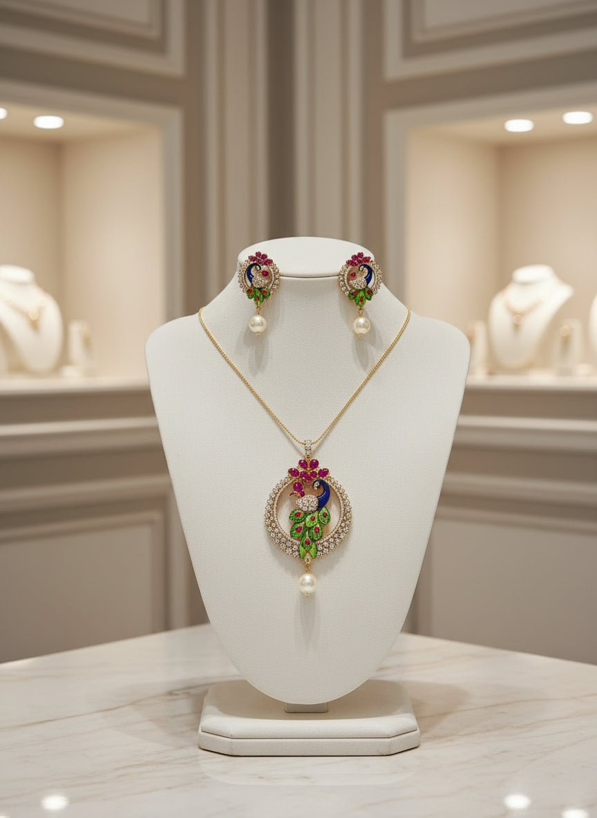 A rhodium-gold plated brass pendant with a peacock design accompanied by earrings, featuring vibrant green, blue, and gold enamel accents, as well as sparkling white and ruby pink crystal embellishments. Patty wear jewellery set.