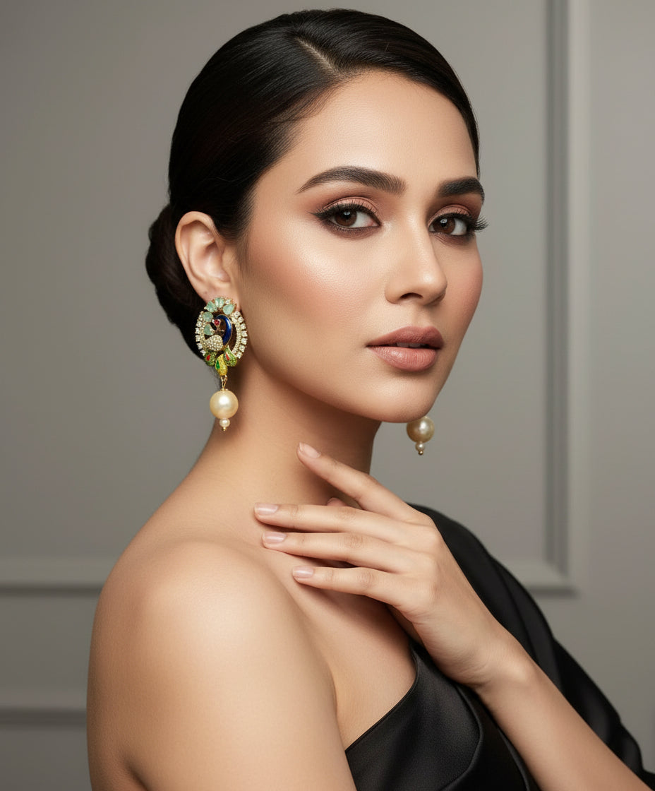 A rhodium-gold plated peacock design accompanied earrings, featuring vibrant green, blue and yellow enamel accents, as well as sparkling white andturquoise crystal stones. Earrings design is focused.