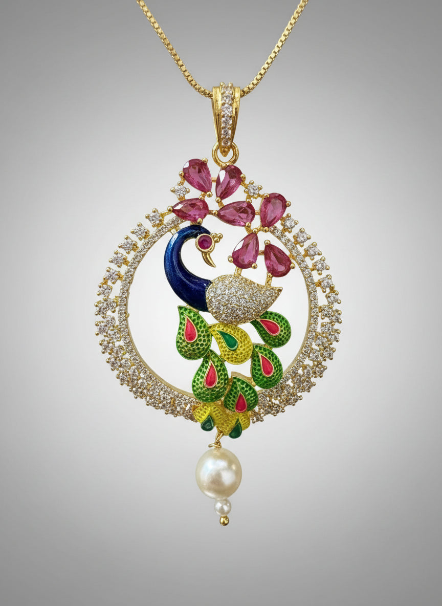 A rhodium-gold plated peacock design pendant with golden chain ,featuring vibrant green, blue, enamel accents, as well as sparkling crystal white and ruby pink stones. Pendant with golden chain design is focused.