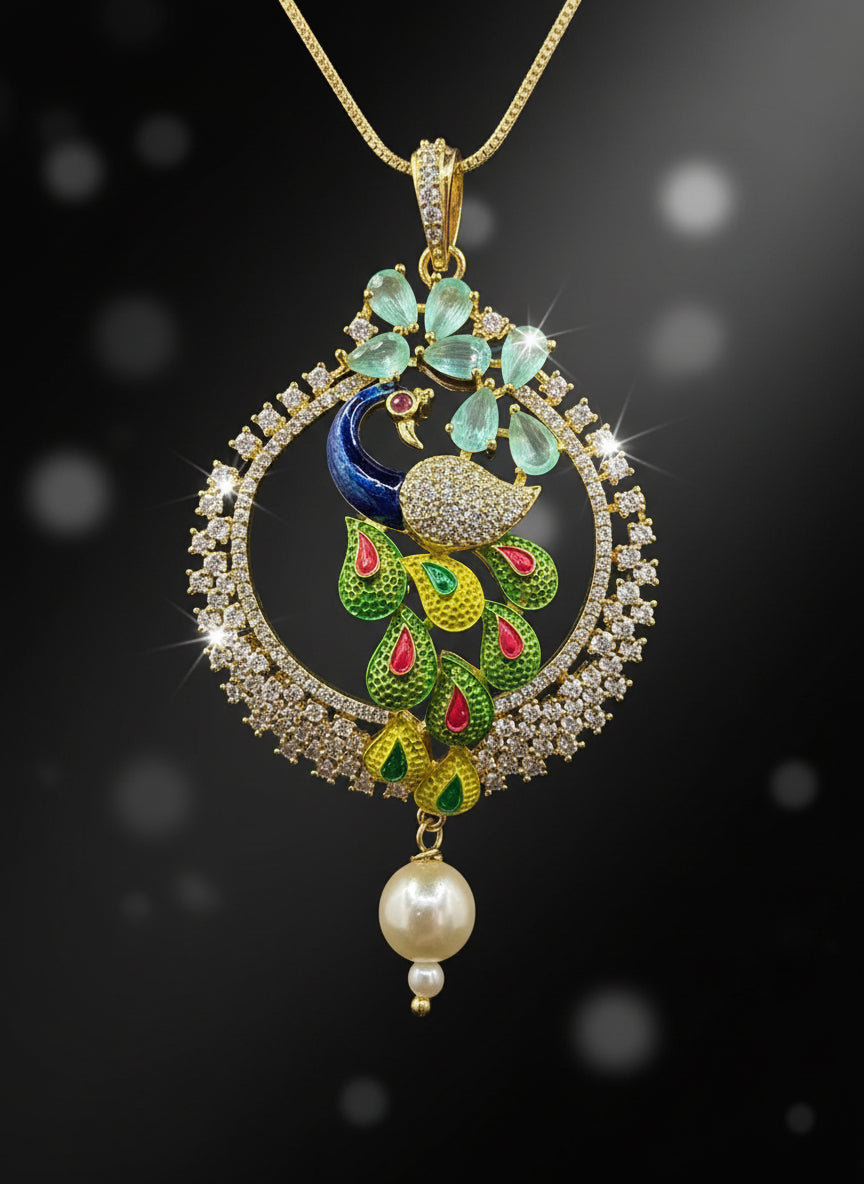 A rhodium-gold plated peacock design pendant with golden chain ,featuring vibrant green, blue, enamel accents, as well as sparkling crystal white and turquoise AD stones. Pendant with silver chain design is focused.