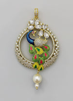 A rhodium-gold plated peacock design pendant with silver chain ,featuring vibrant green, blue, enamel accents, as well as sparkling crystal white AD stones. Pendant with silver chain design is focused. Display it in a posh style and make it must buy jewel.