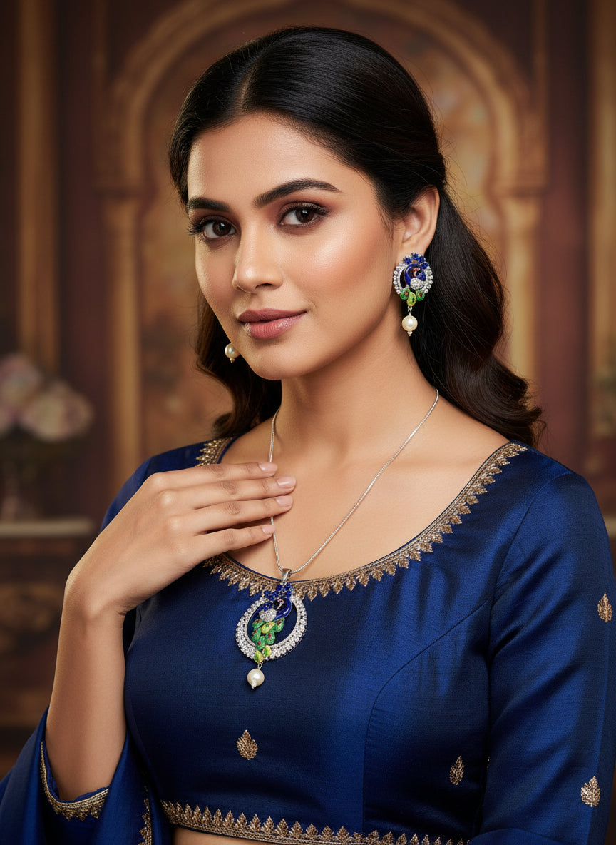 Gold peacock pendant and earrings set – handcrafted jewellery statement set