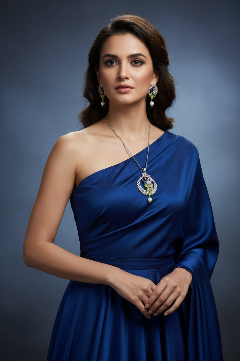 A rhodium-silver plated brass pendant with a peacock design accompanied by earrings, featuring vibrant green, blue, and gold enamel accents, as well as pink AD sparkling crystal embellishments. Party wear Jewellery set.