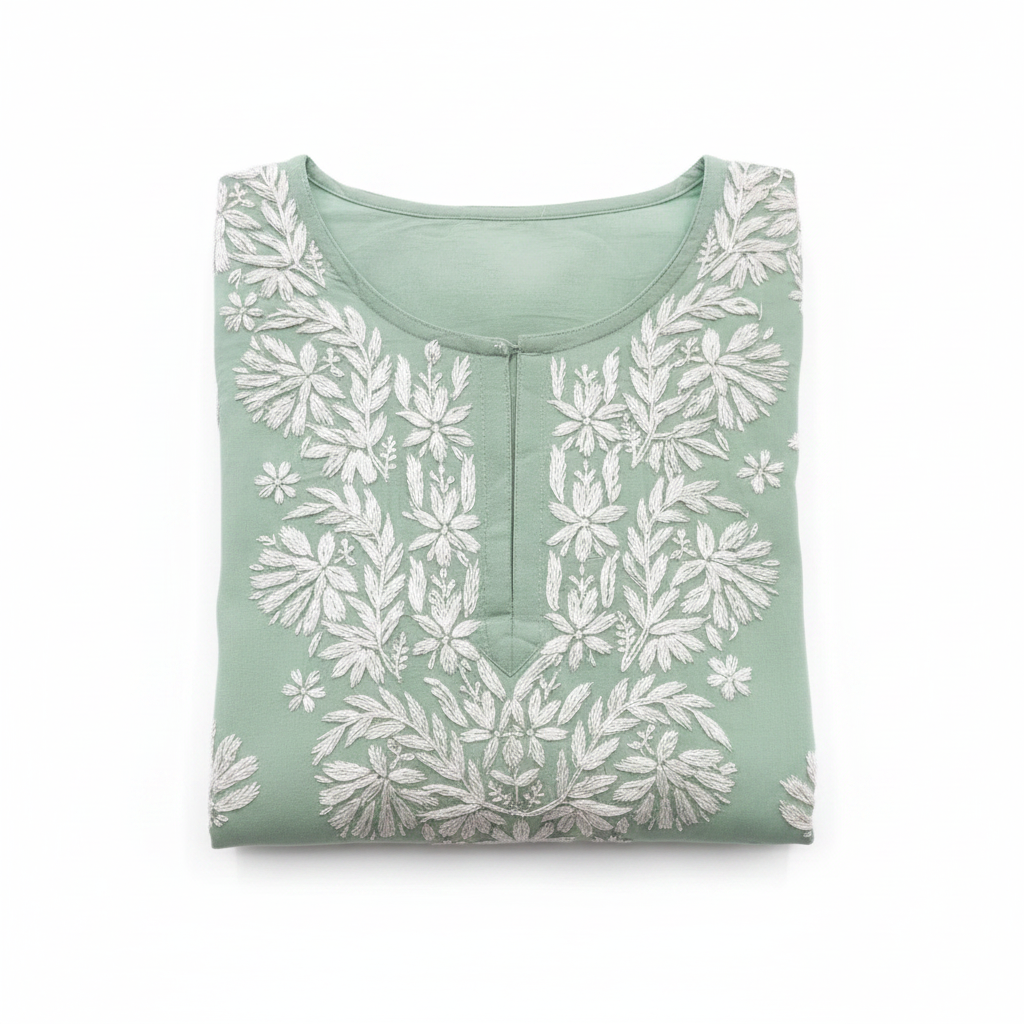 A sage green cotton tunic top with white floral and leaf embroidery, hanging on a wooden hanger against a white background.