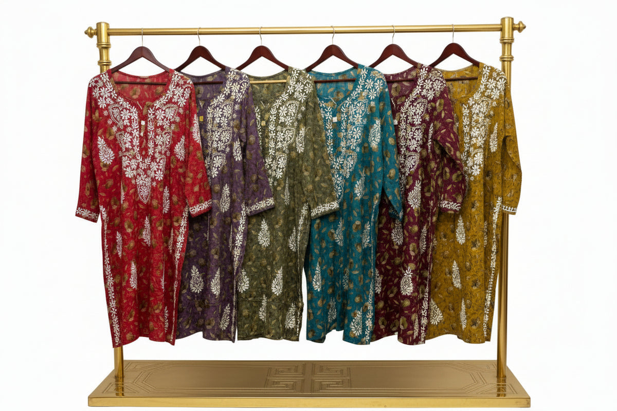 A selection of long kurta-shirts in various colors, each featuring intricate floral embroidery across the front.