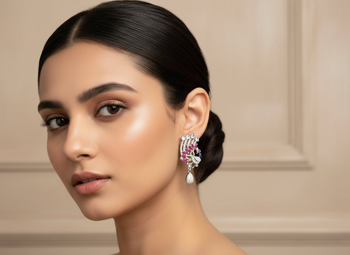 A set of peacock-shaped earrings. The earrings are detailed with blueenamel and has sparkling white and hot pink ad crystal embellishments. Earrings are focused to show the design in detail.