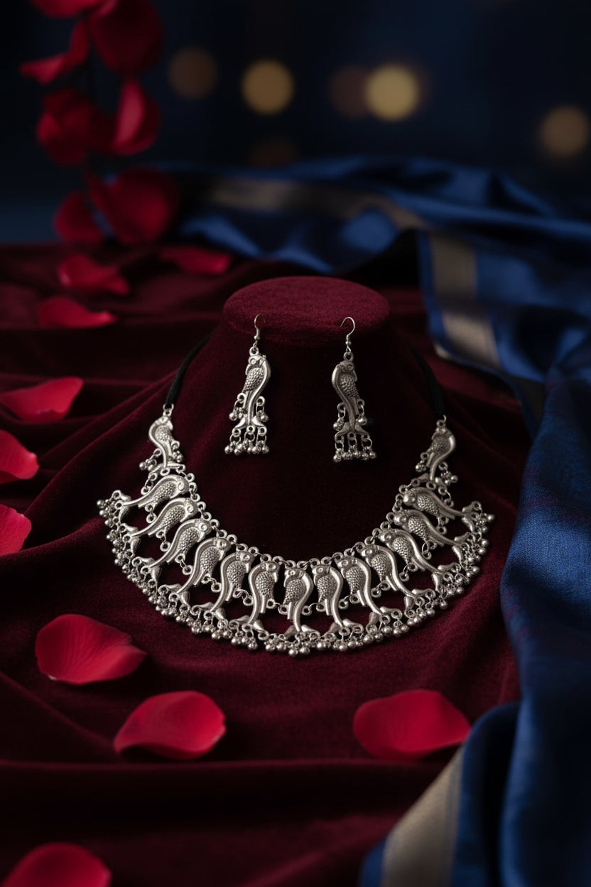 A silver-toned oxidised traditional statement necklace with matching drop earrings with fish hook
