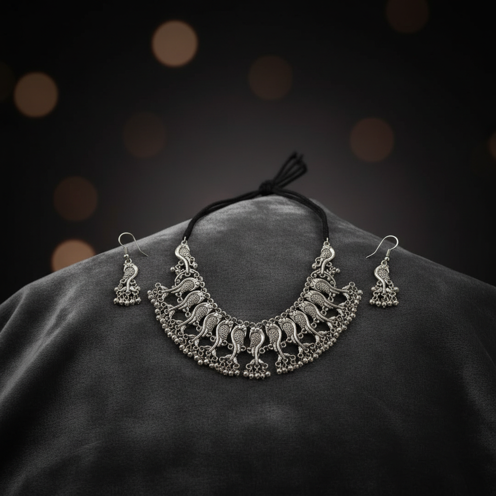 A woman wearing a dark green silk saree with gold zari borders and a matching blouse, styled with an ornate silver necklace and earrings against a dark blue and maroon draped background.