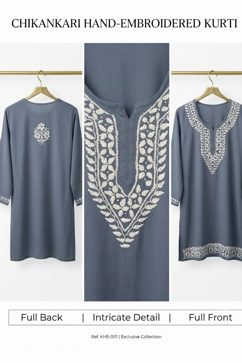 A slate blue hand-embroidered kurta shown from the front, back, and a close-up detail of the embroidered neckline. The kurta features intricate white floral embroidery on the chest and a matching embroidered border at the hem, hanging on wooden hangers against a white background.