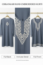 A slate blue hand-embroidered kurta shown from the front, back, and a close-up detail of the embroidered neckline. The kurta features intricate white floral embroidery on the chest and a matching embroidered border at the hem, hanging on wooden hangers against a white background.