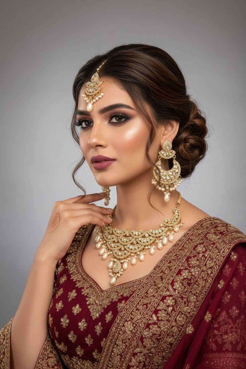 A traditional bridal necklace set featuring drop pearls and oval Kundans, with matching earrings and a maang tikka, displayed on a mannequin. Party wear set.