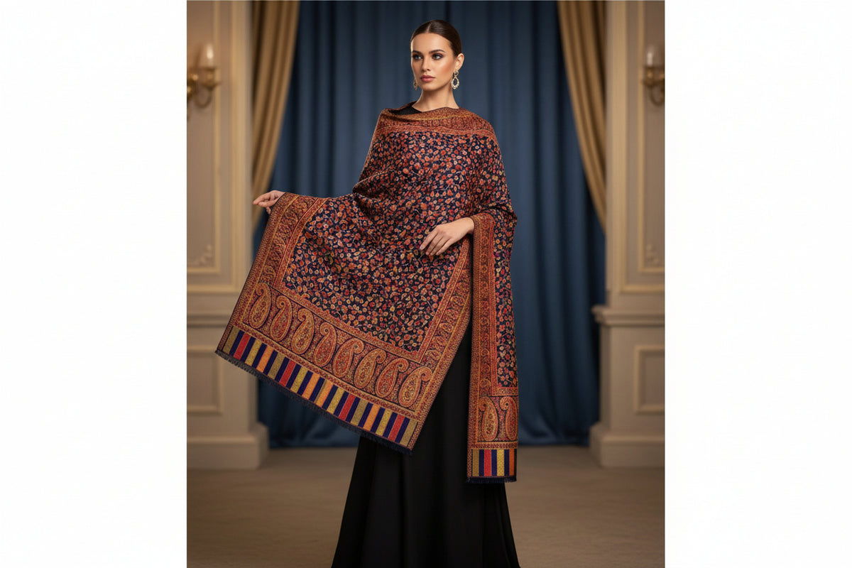 A vibrant Kashmiri party wear navy blue base colour Kani scarf with a floral paisley pattern and border stripes in a red and multicolour design.