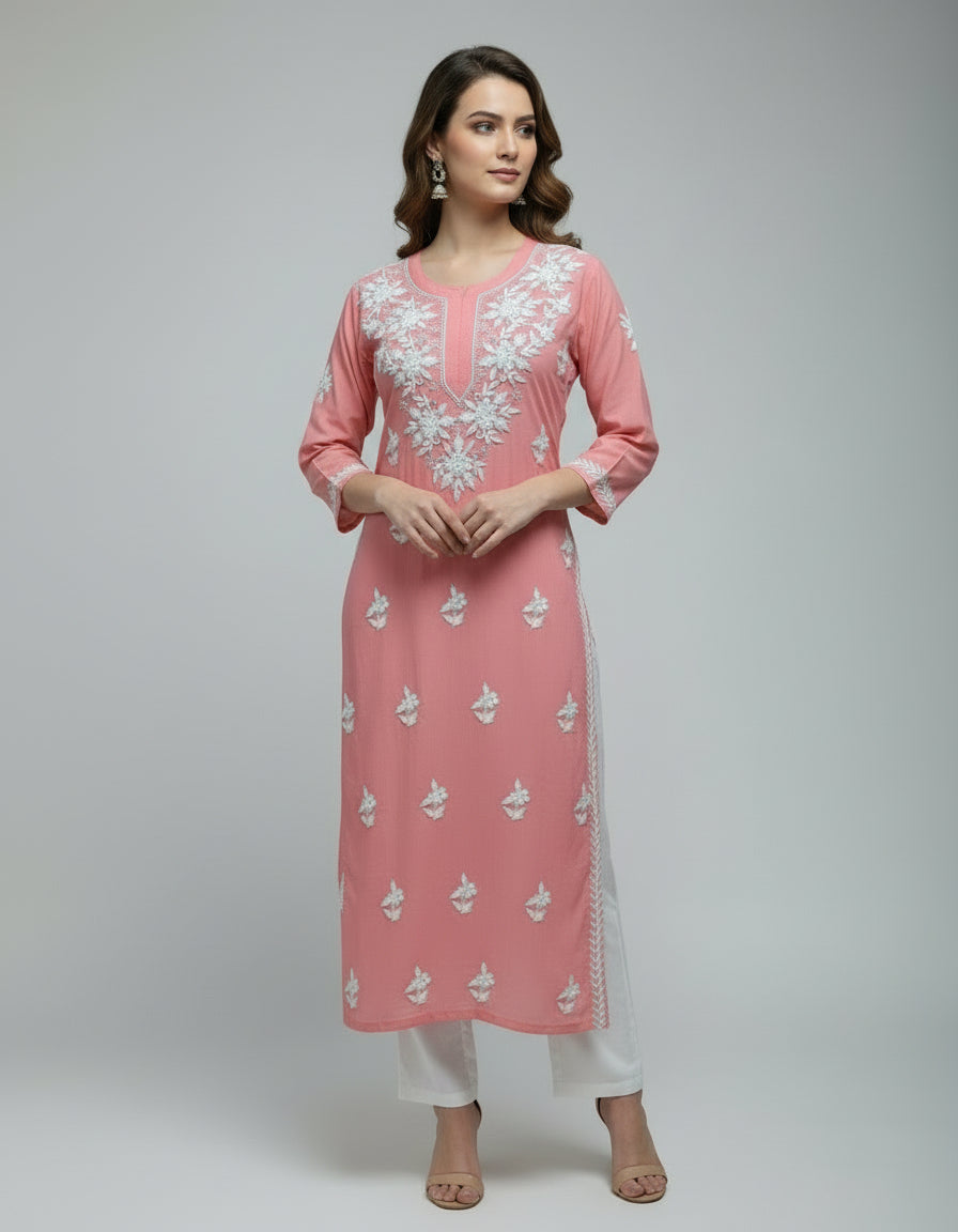 A watermelon pink colour 46 inches long modal fabric Chikankari kurti with white Ghass Patti embroidery