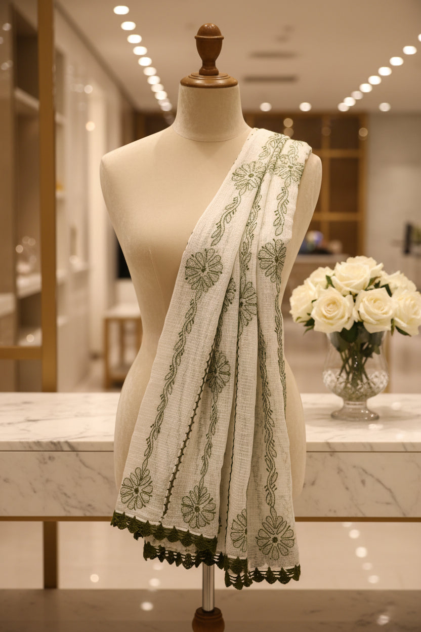 A white base colour handcrafted Kota Doriya Chikankari with green thread Hand-embroidered duppata by Famaza Couture.