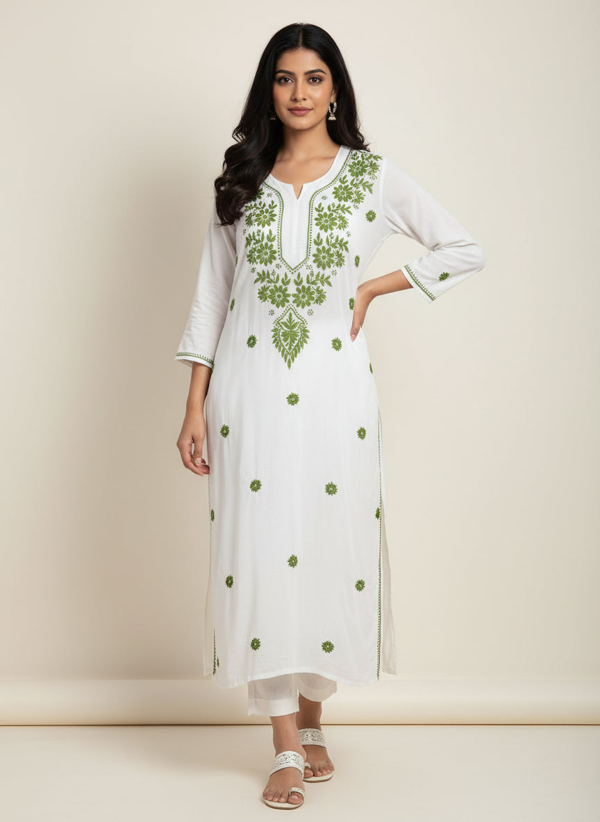 A white long kurti with green coloured embroidery