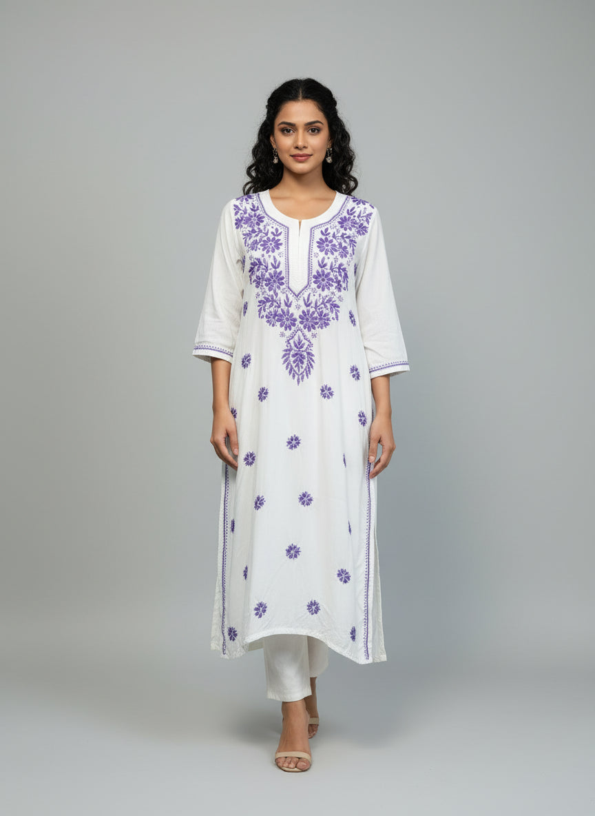 A white long kurti with purple coloured embroidery