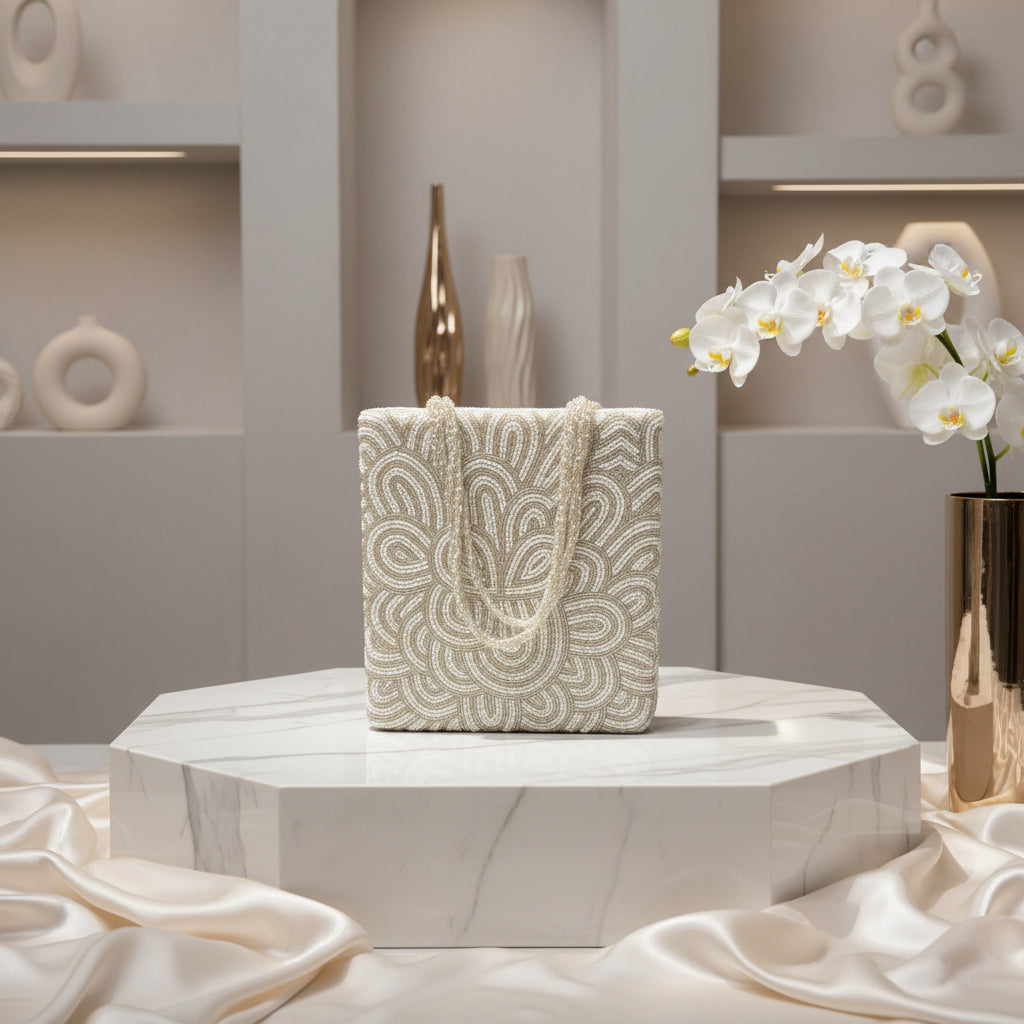A white square shape handcrafted A tote bag with glass beads embroidered on it.