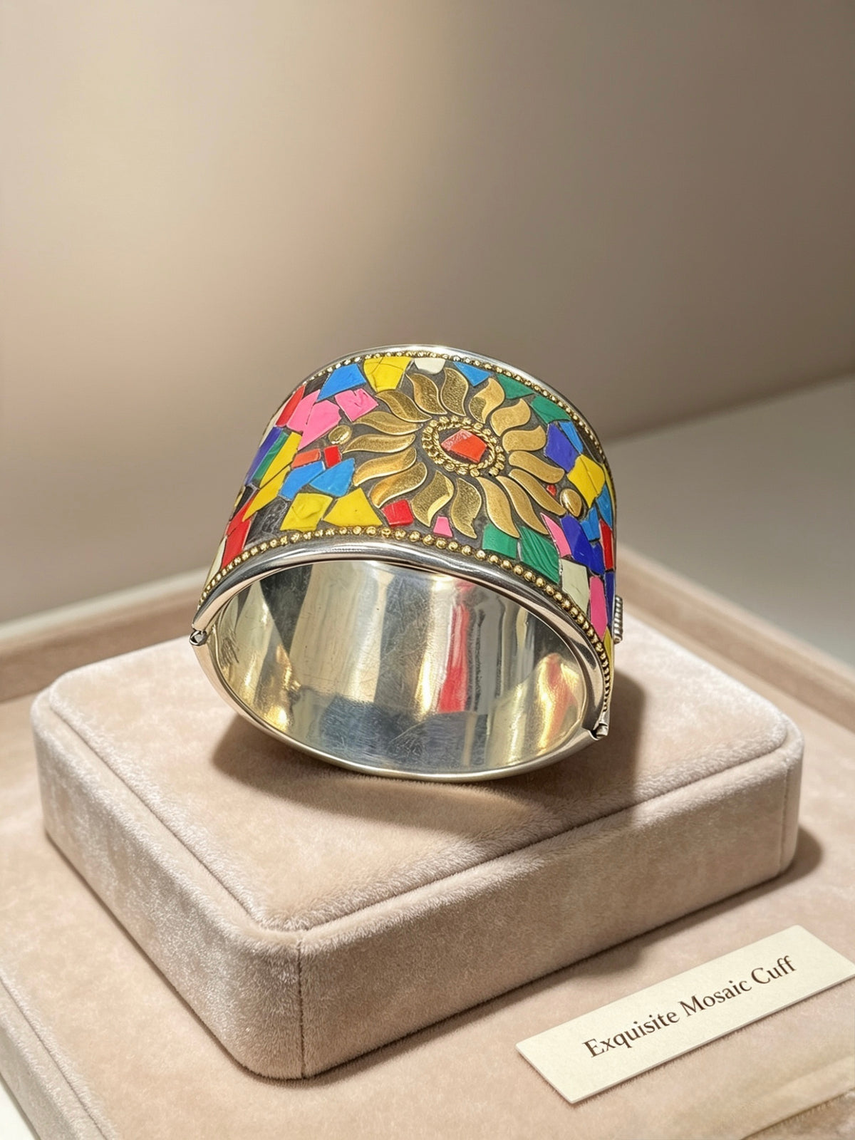A wide silver cuff bracelet with a colourful mosaic floral design, displayed on a beige velvet jewellery box. The bracelet features a silver-toned band, a beaded edge, and a top half decorated with a multicolour mosaic pattern of yellow, blue, red, green, and pink tiles surrounding a gold-toned flower motif.