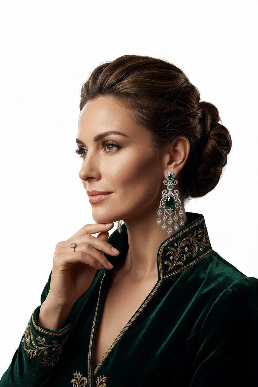 A woman in an elegant dark green velvet gown with gold embroidery models a matching emerald and diamond jewellery set, including a necklace, drop earrings, and a ring, in a luxurious indoor setting.