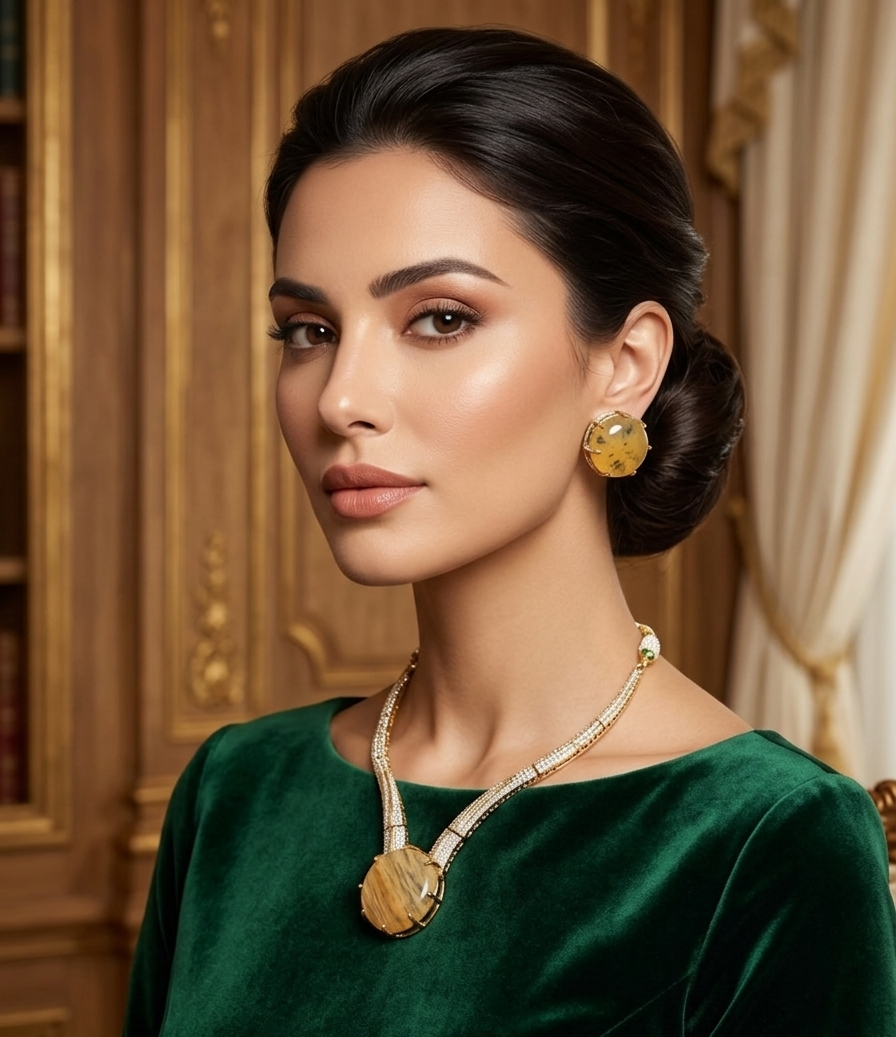 A woman is wearing a statement necklace with a large round pendant and a matching gold round stud earring