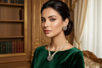 A woman with dark hair styled in a low bun wears a green velvet top and a statement necklace with oval gray-blue stones and a matching earring, posed in front of a warm wood bookshelf and cream curtains.